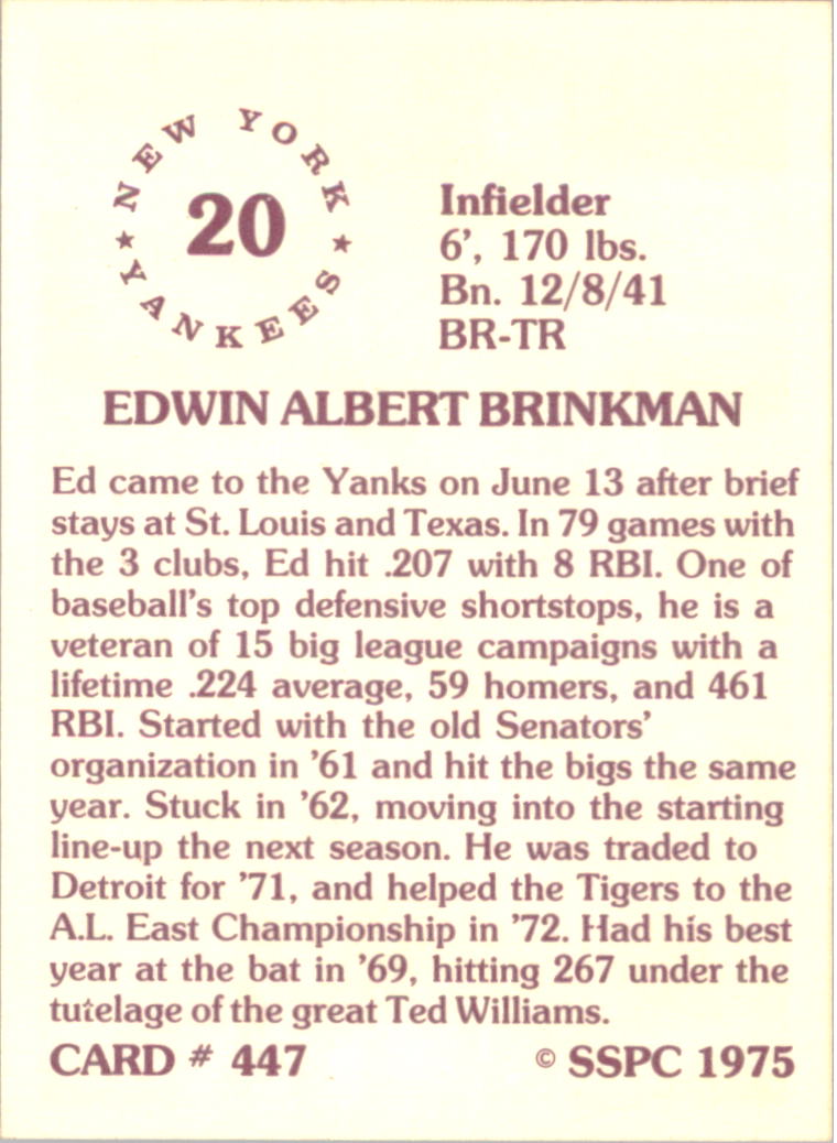 1976 SSPC #447 Ed Brinkman back image