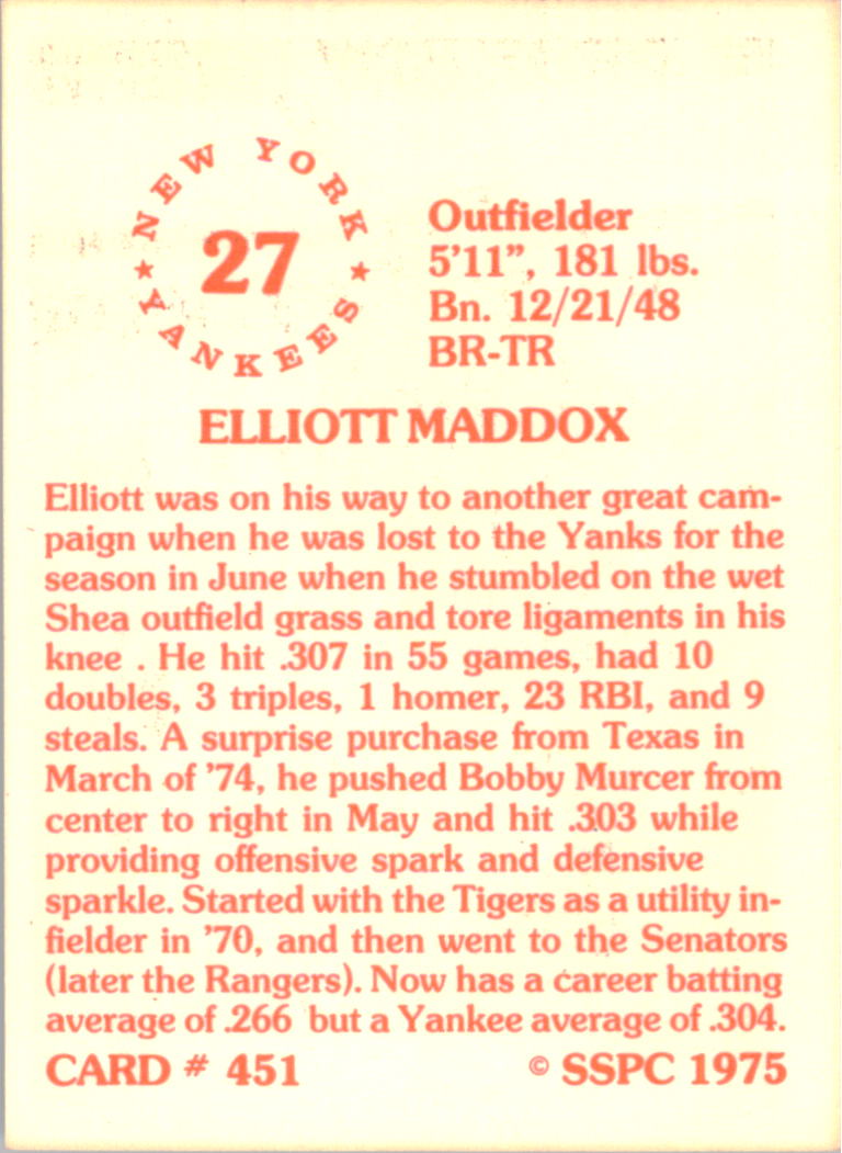 1976 SSPC #451 Elliott Maddox back image