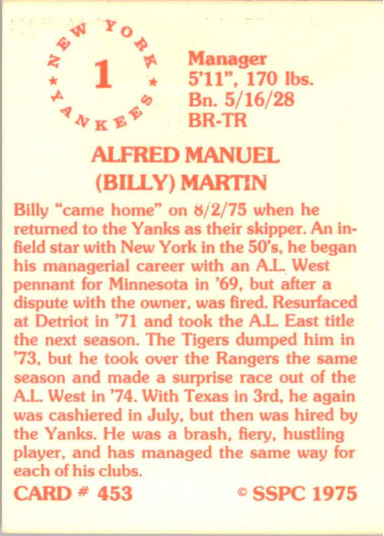 1976 SSPC #453 Billy Martin MG back image