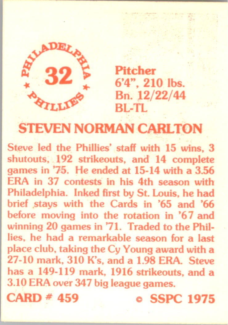 1976 SSPC #459 Steve Carlton back image