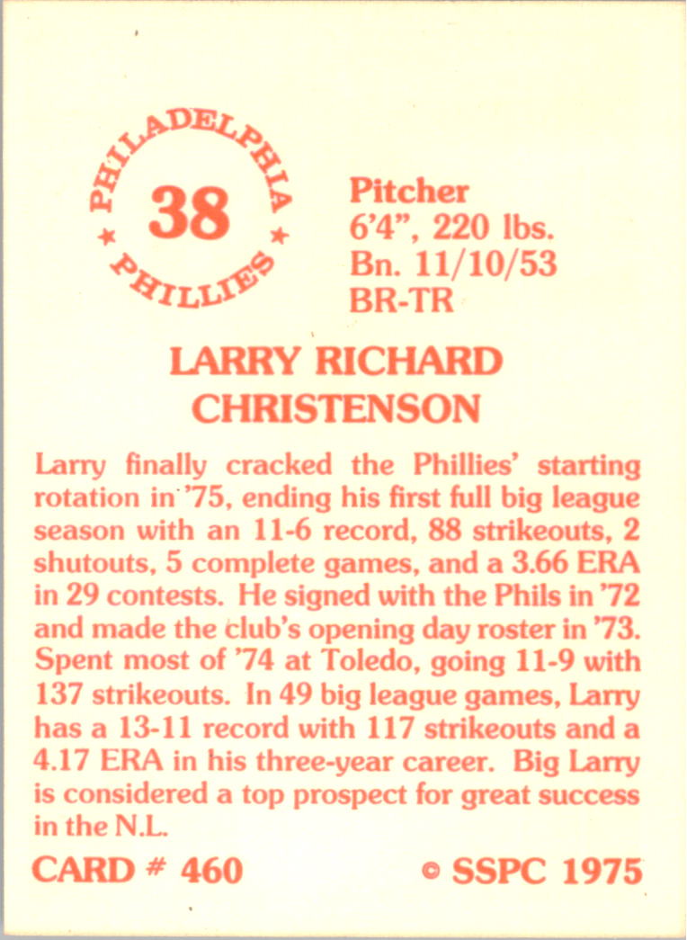 1976 SSPC #460 Larry Christenson back image