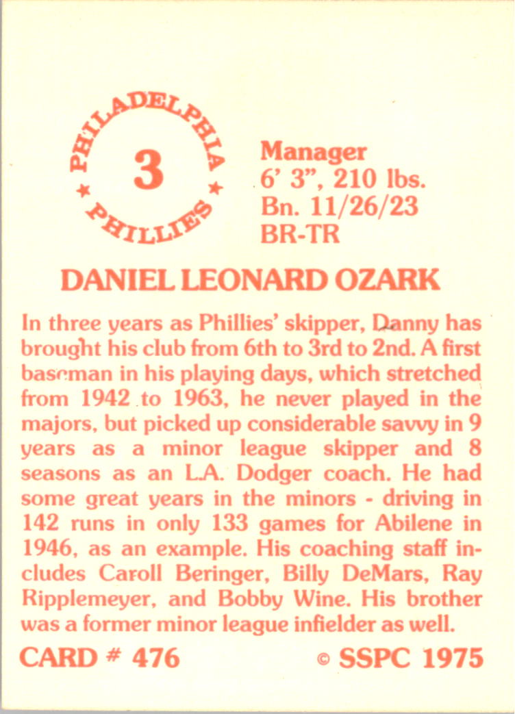 1976 SSPC #476 Danny Ozark MG back image