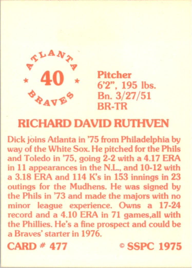1976 SSPC #477 Dick Ruthven back image