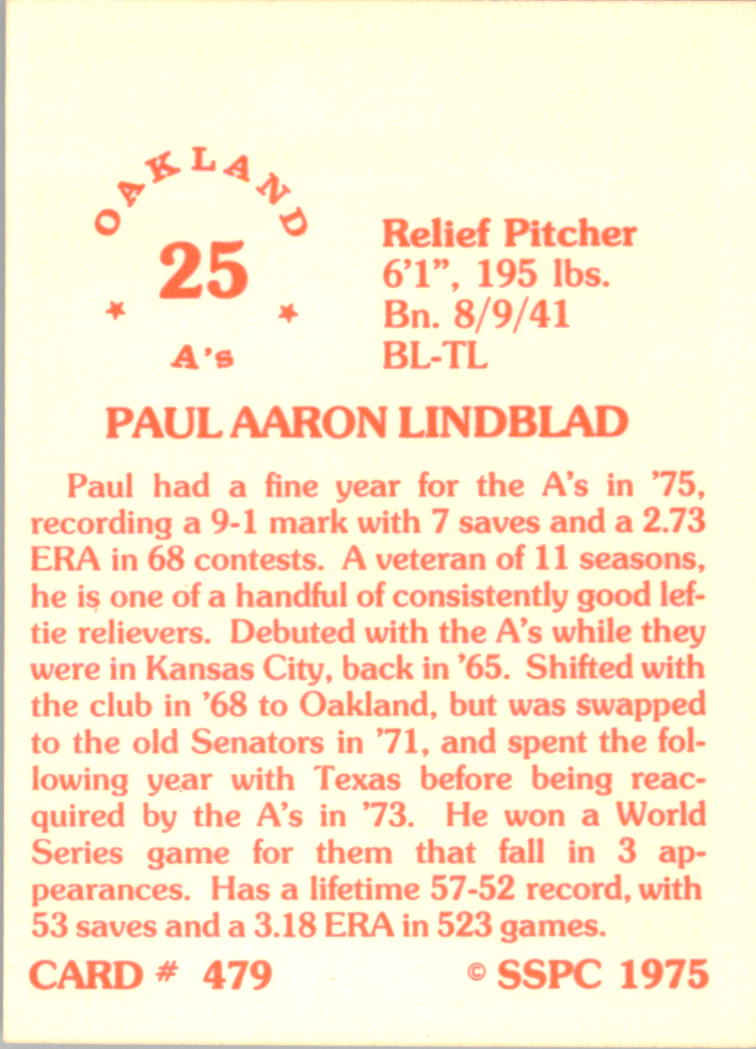 1976 SSPC #479 Paul Lindblad back image