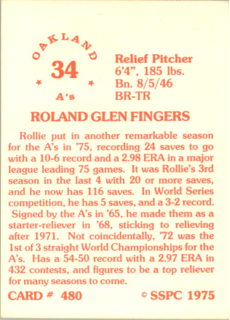 1976 SSPC #480 Rollie Fingers back image