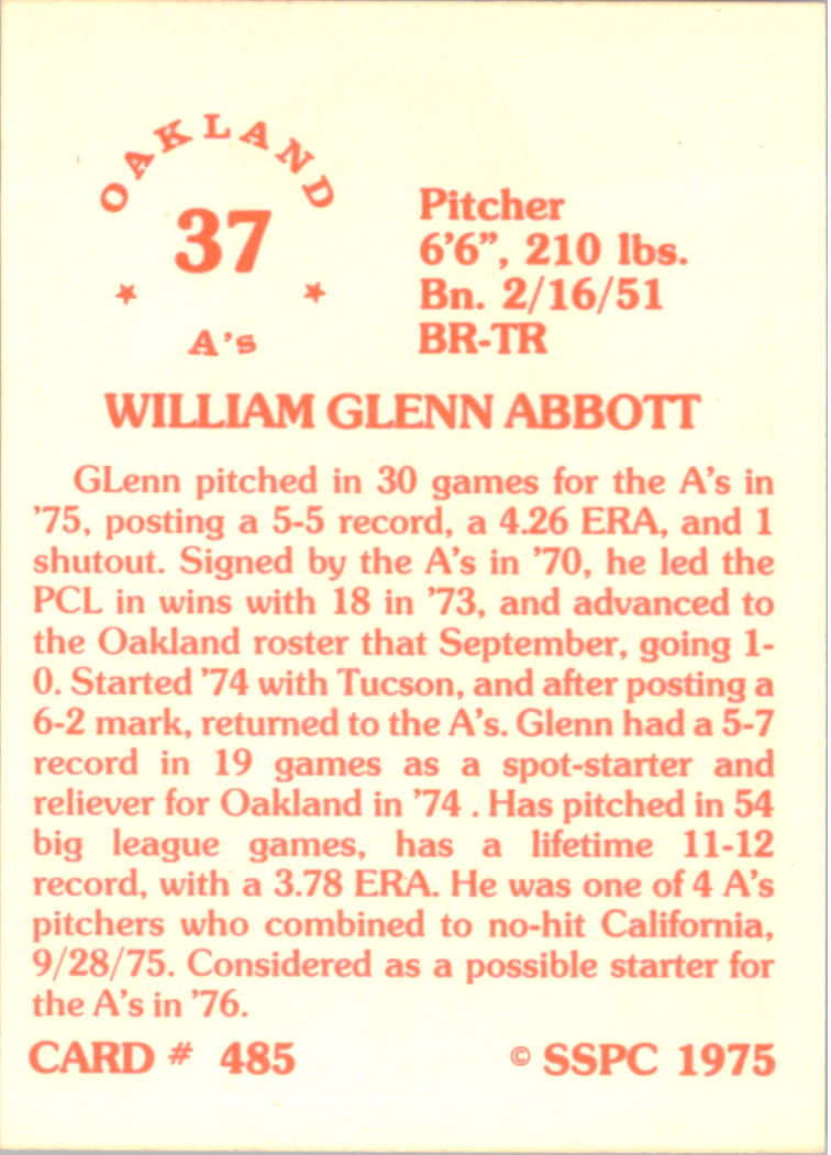 1976 SSPC #485 Glenn Abbott back image