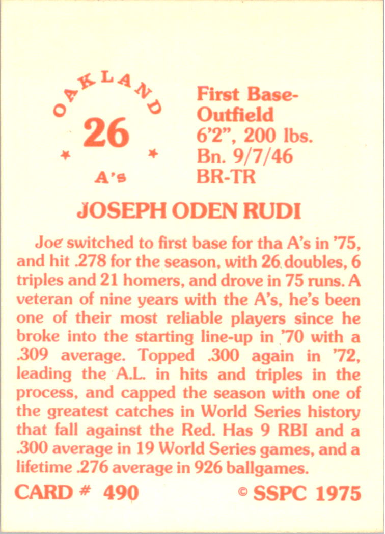1976 SSPC #490 Joe Rudi back image