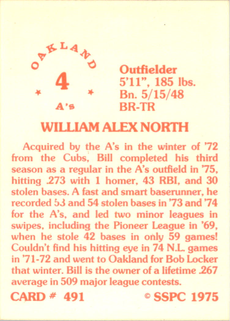 1976 SSPC #491 Bill North back image