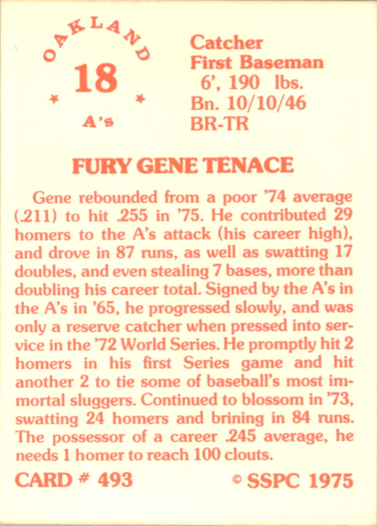 1976 SSPC #493 Gene Tenace back image