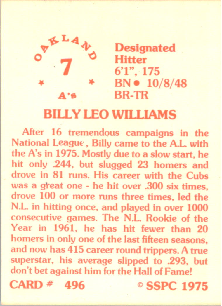 1976 SSPC #496 Billy Williams back image