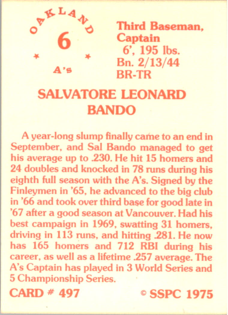 1976 SSPC #497 Sal Bando back image