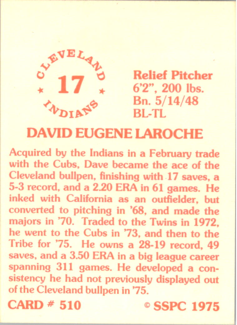 1976 SSPC #510 Dave LaRoche back image