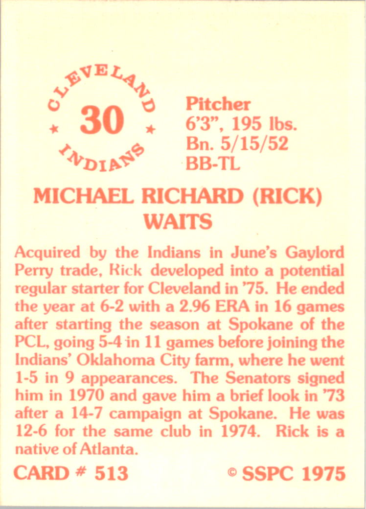 1976 SSPC #513 Rick Waits back image