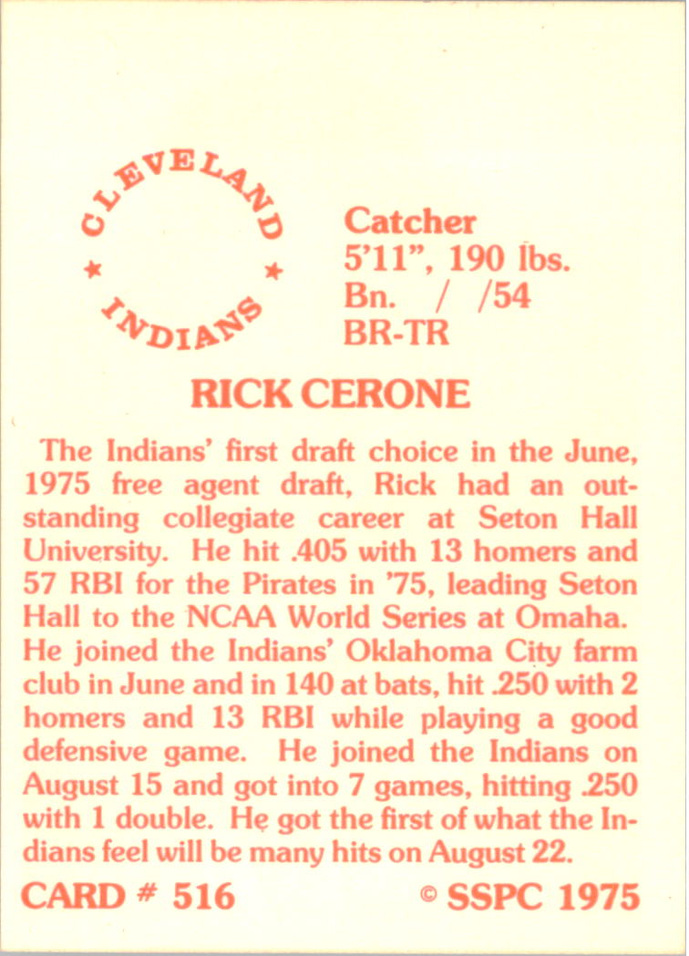 1976 SSPC #516 Rick Cerone back image