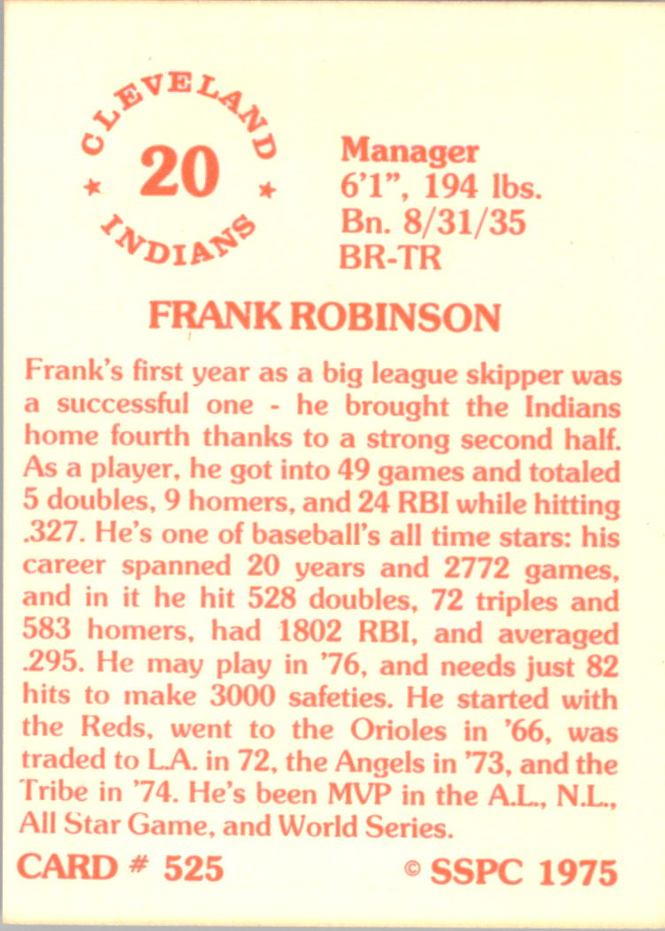 1976 SSPC #525 Frank Robinson back image