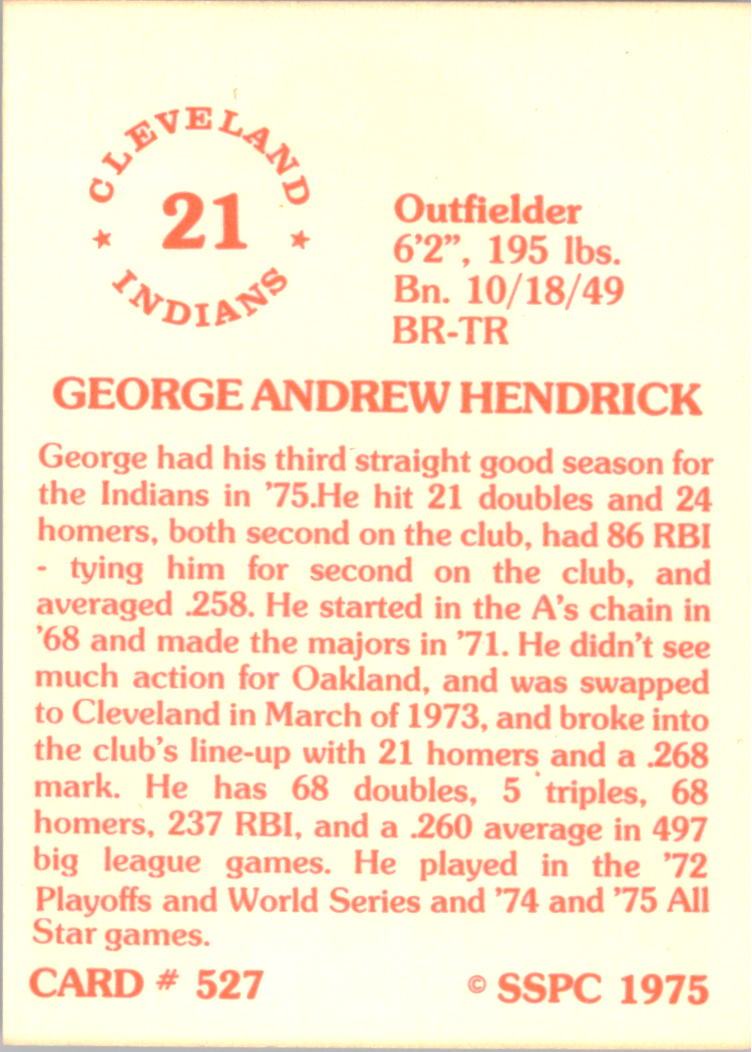 1976 SSPC #527 George Hendrick back image
