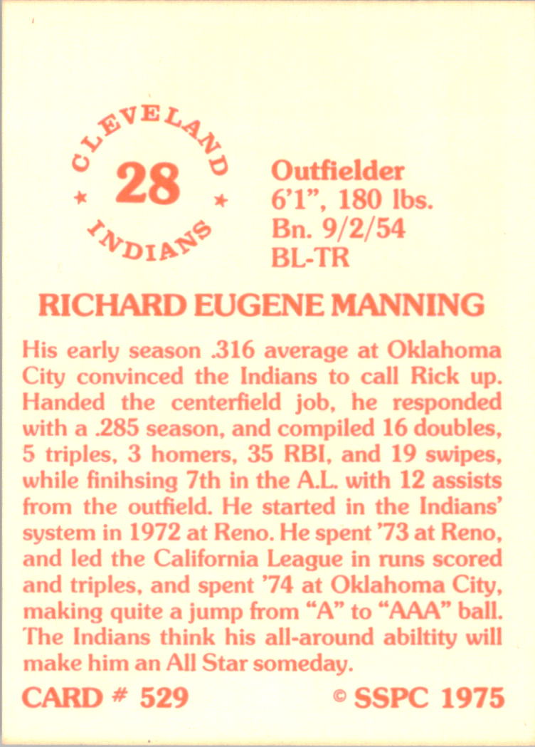 1976 SSPC #529 Rick Manning UER/(Photo actually/Duane Kuiper) back image