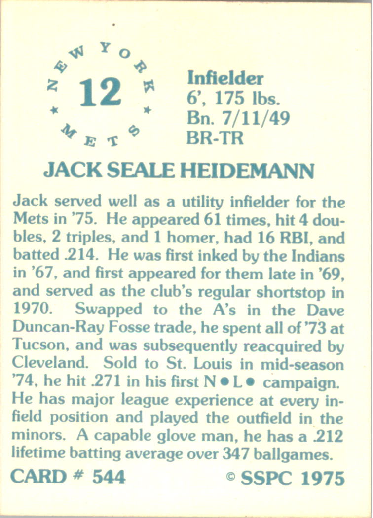 1976 SSPC #544 Jack Heidemann back image