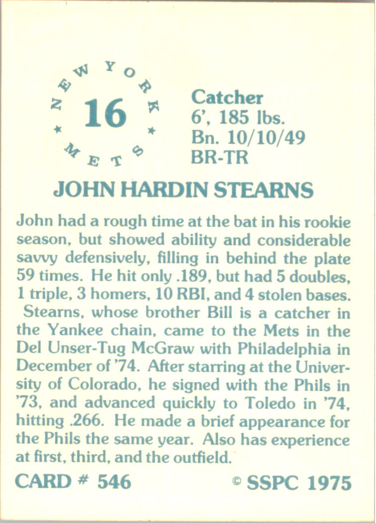1976 SSPC #546 John Stearns back image