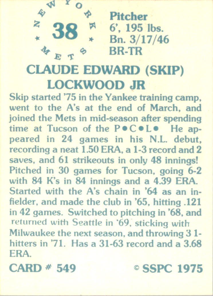 1976 SSPC #549 Skip Lockwood back image