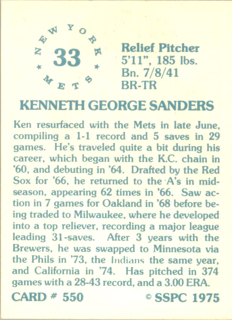 1976 SSPC #550 Ken Sanders back image