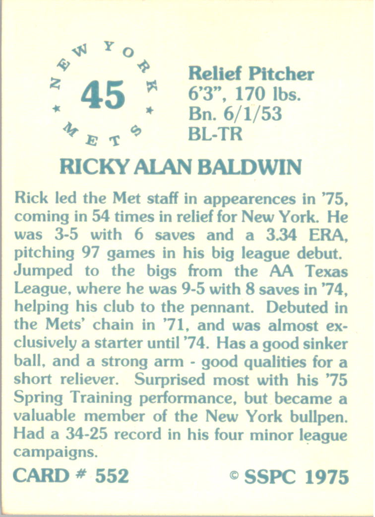 1976 SSPC #552 Rick Baldwin back image