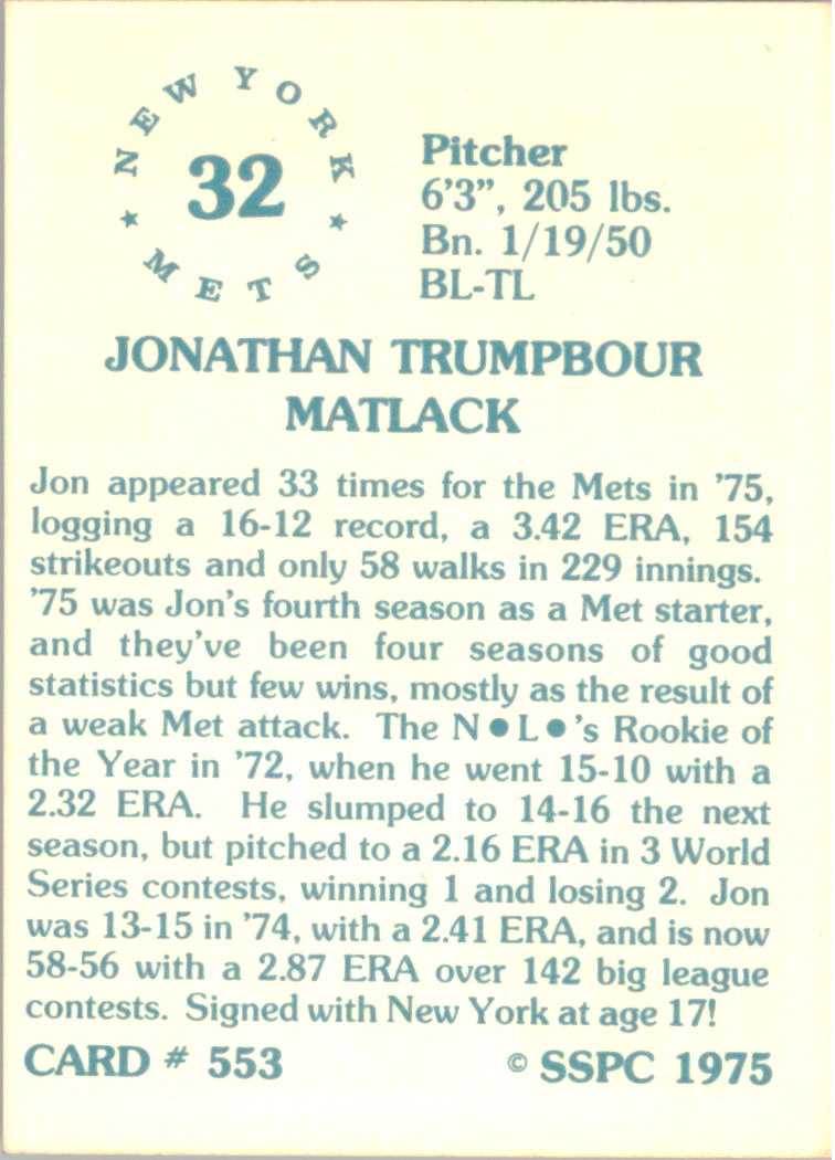1976 SSPC #553 Jon Matlack back image