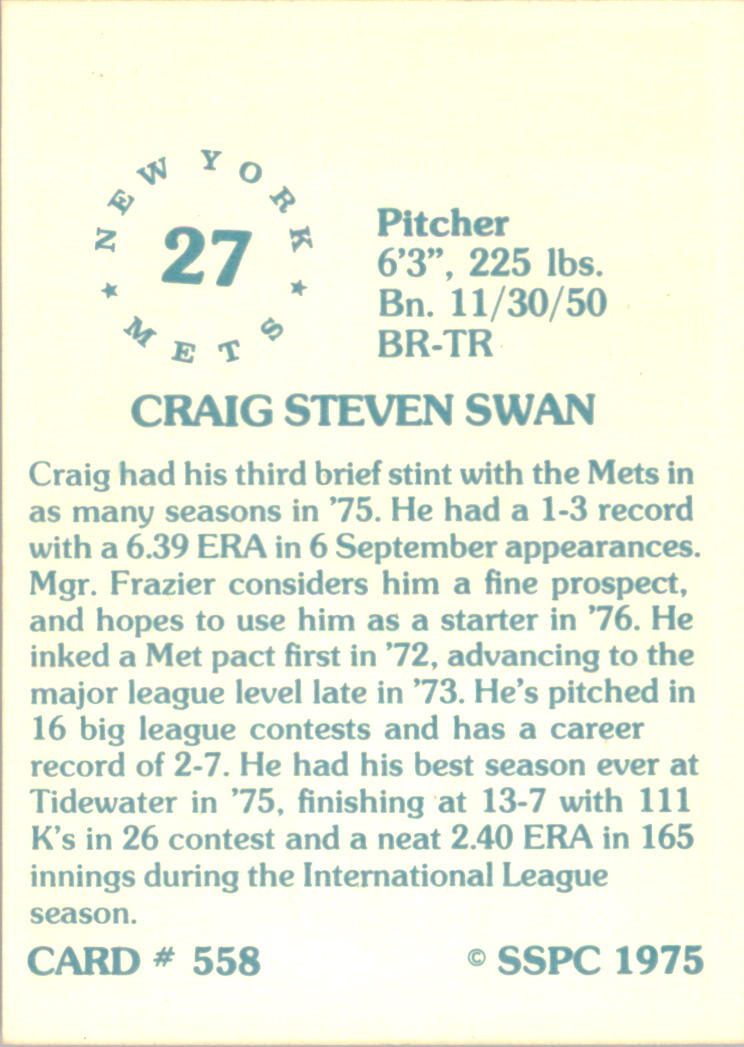 1976 SSPC #558 Craig Swan back image