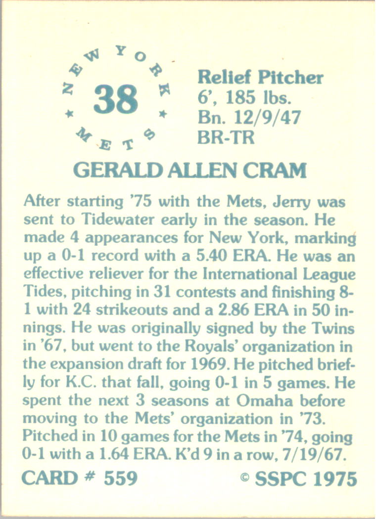 1976 SSPC #559 Jerry Cram back image