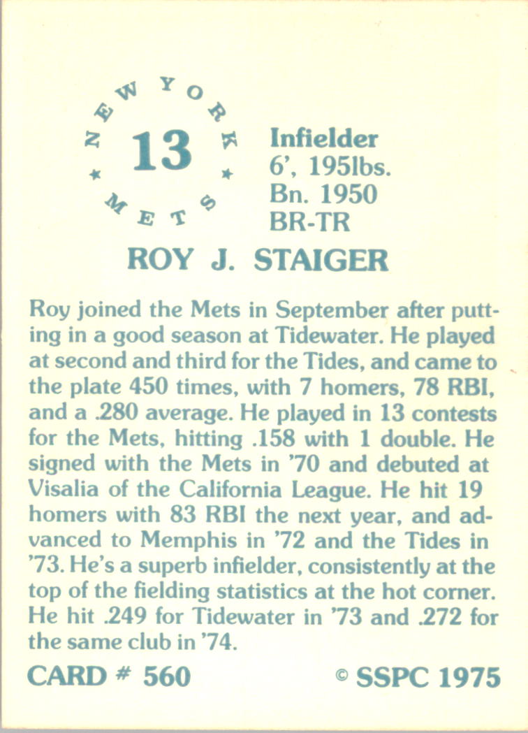1976 SSPC #560 Roy Staiger back image