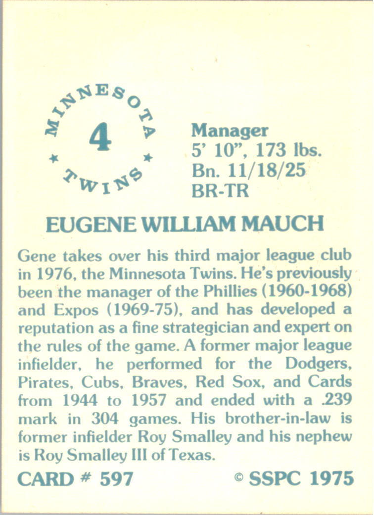 1976 SSPC #597 Gene Mauch MG back image