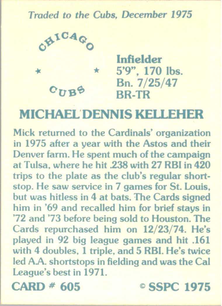 1976 SSPC #605 Mick Kelleher back image