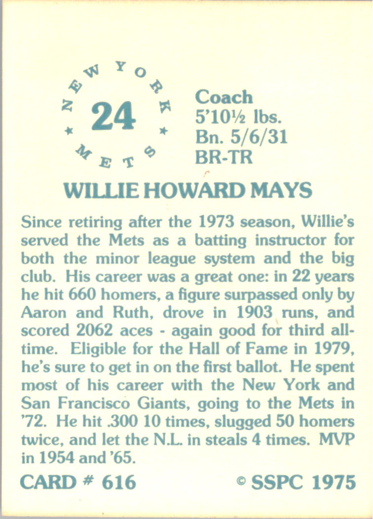 1976 SSPC #616 Willie Mays CO back image