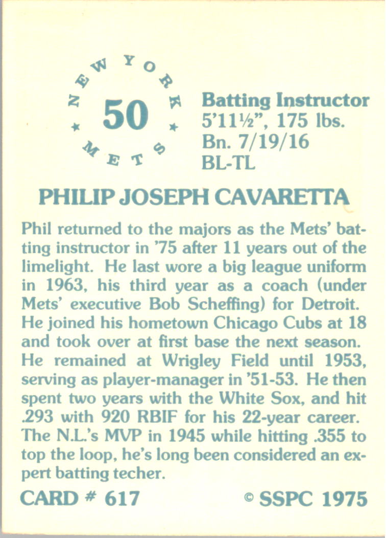 1976 SSPC #617 Phil Cavarretta CO back image