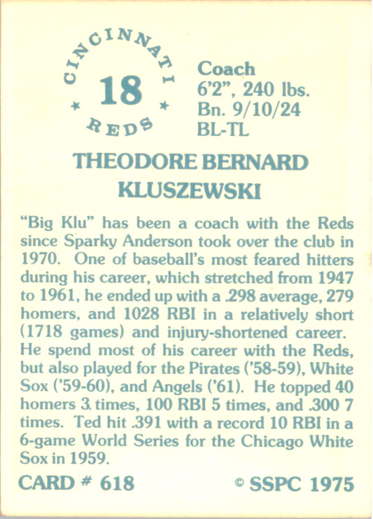 1976 SSPC #618 Ted Kluszewski CO back image