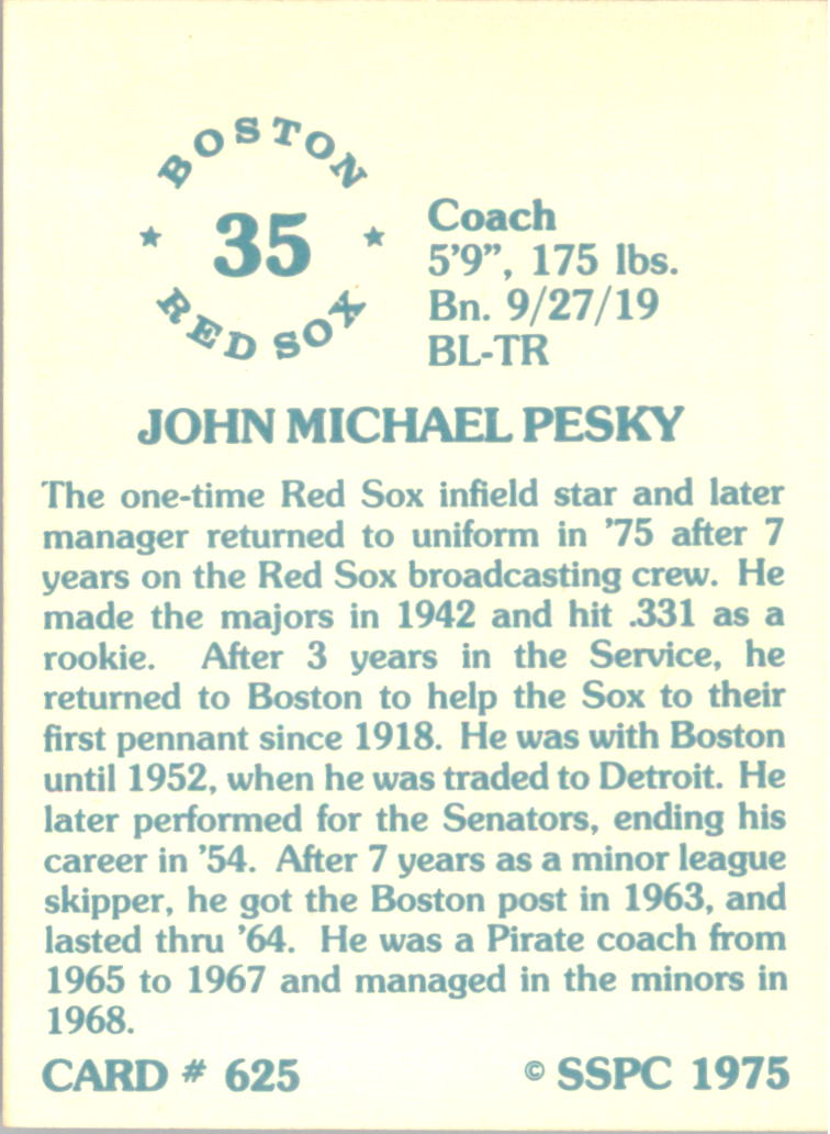 1976 SSPC #625 John Pesky CO back image