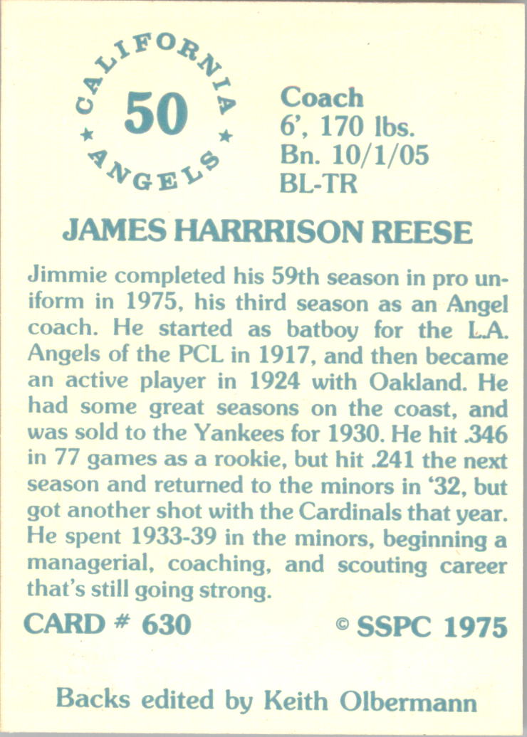 1976 SSPC #630 Jim Reese CO back image
