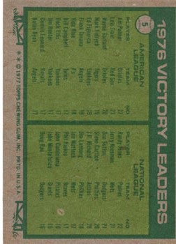 1977 Topps #5 Victory Leaders/Jim Palmer/Randy Jones back image