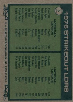 1977 Topps #6 Strikeout Leaders/Nolan Ryan/Tom Seaver back image