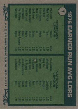 1977 Topps #7 ERA Leaders/Mark Fidrych/John Denny back image