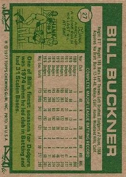 1977 Topps #27 Bill Buckner back image