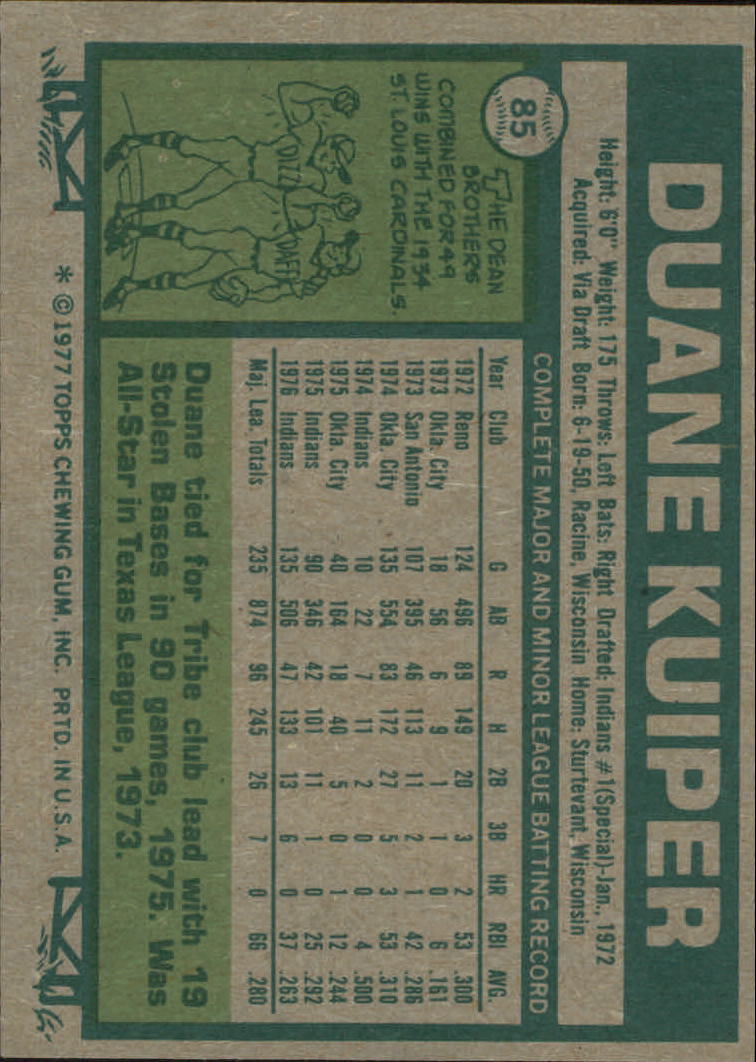 1977 Topps #85 Duane Kuiper back image