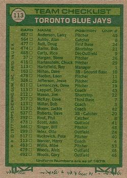 1977 Topps #113 Toronto Blue Jays CL/Roy Hartsfield MG/Don Leppert CO/Bob Miller CO/Jackie Moore CO/Harry Warner CO back image