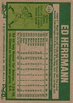 1977 Topps #143 Ed Herrmann back image