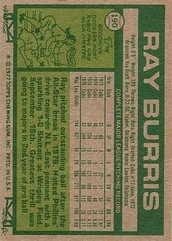 1977 Topps #190 Ray Burris back image