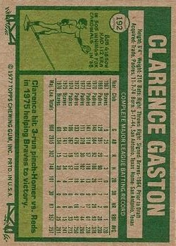 1977 Topps #192 Clarence Gaston back image
