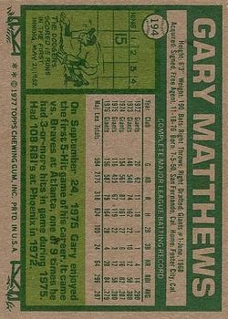 1977 Topps #194 Gary Matthews back image
