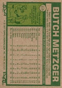 1977 Topps #215 Butch Metzger back image