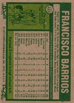 1977 Topps #222 Francisco Barrios RC back image