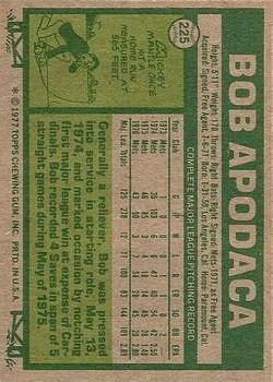 1977 Topps #225 Bob Apodaca back image